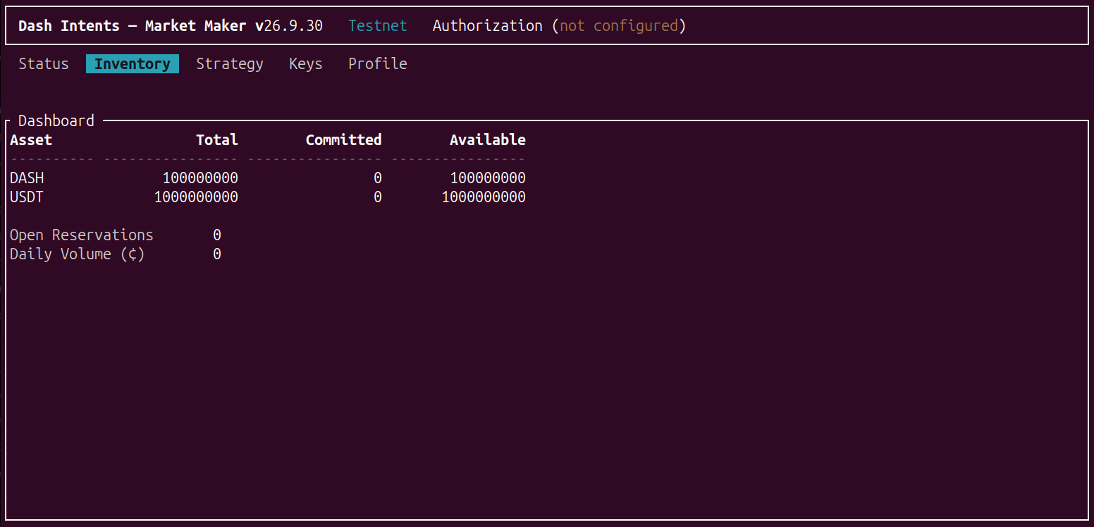Screenshot of the DASH Intents Market Maker daemon, view 2 of 3